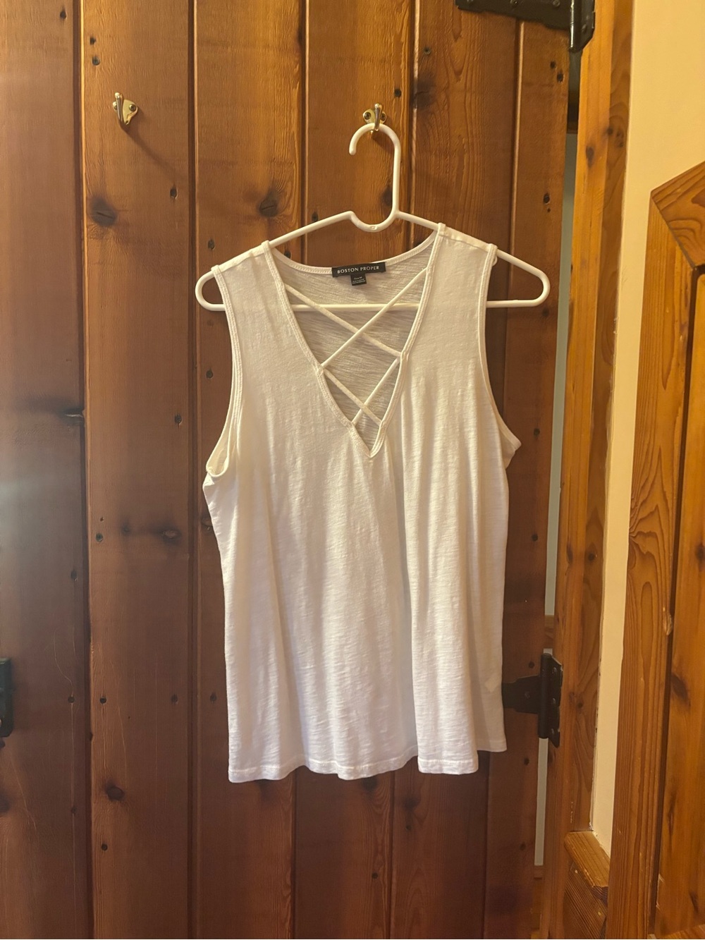 Boston Proper White Sleeveless Crisscross V-Neck Tank